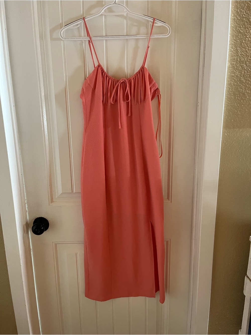 Coral Pink Midi Slip Dress with Spaghetti Straps